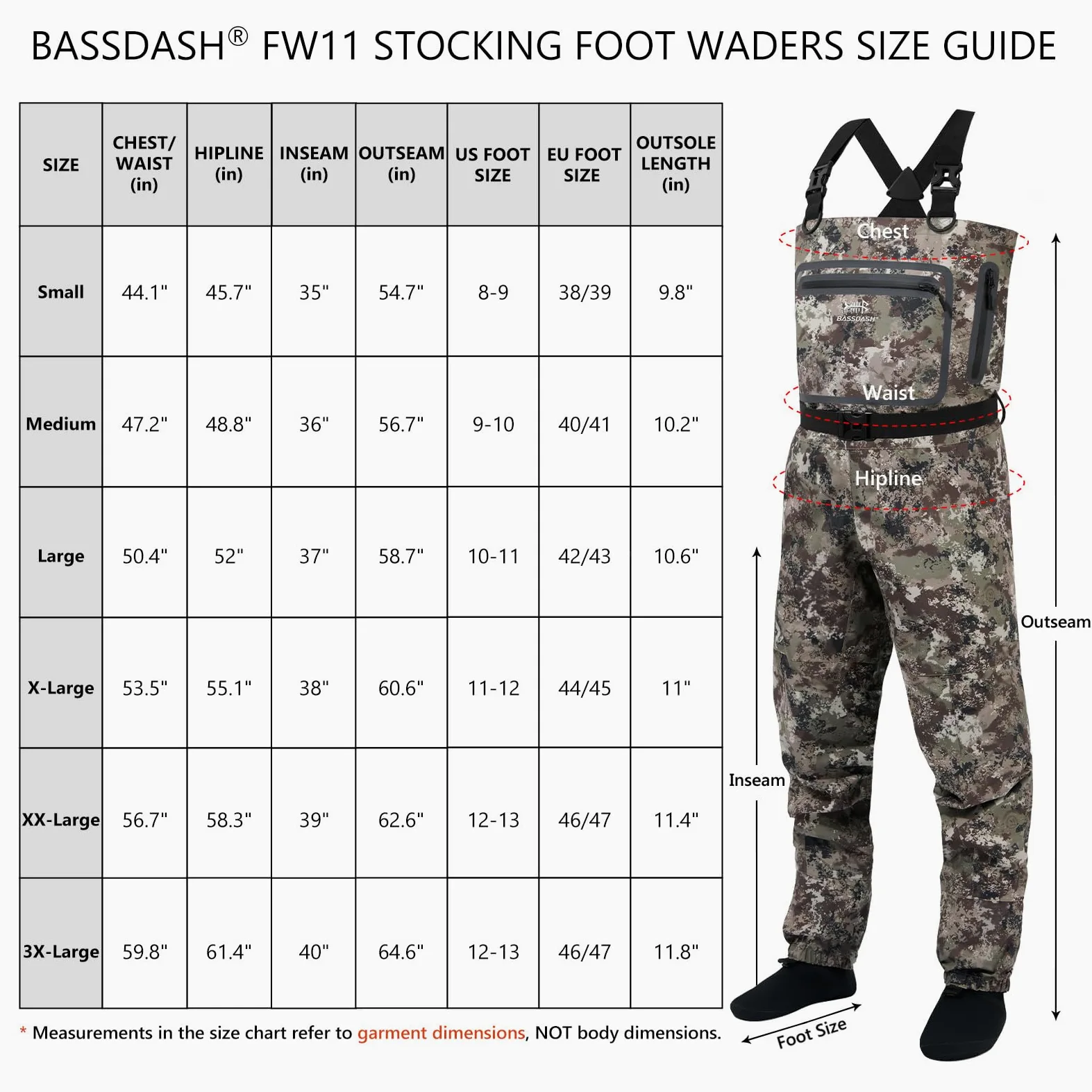 Bassdash Wader à poitrine Léger Respirant Camouflage Noir Semelle de Chaussette Pêche à la Mouche Chasse FW11