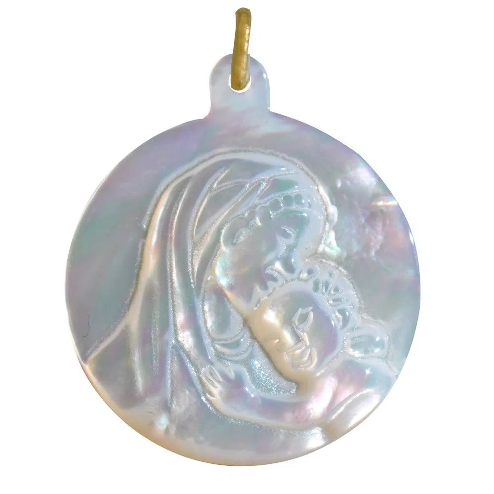LES POULETTES BIJOUX Pendentif Nacre Ronde Vierge à l'Enfant
