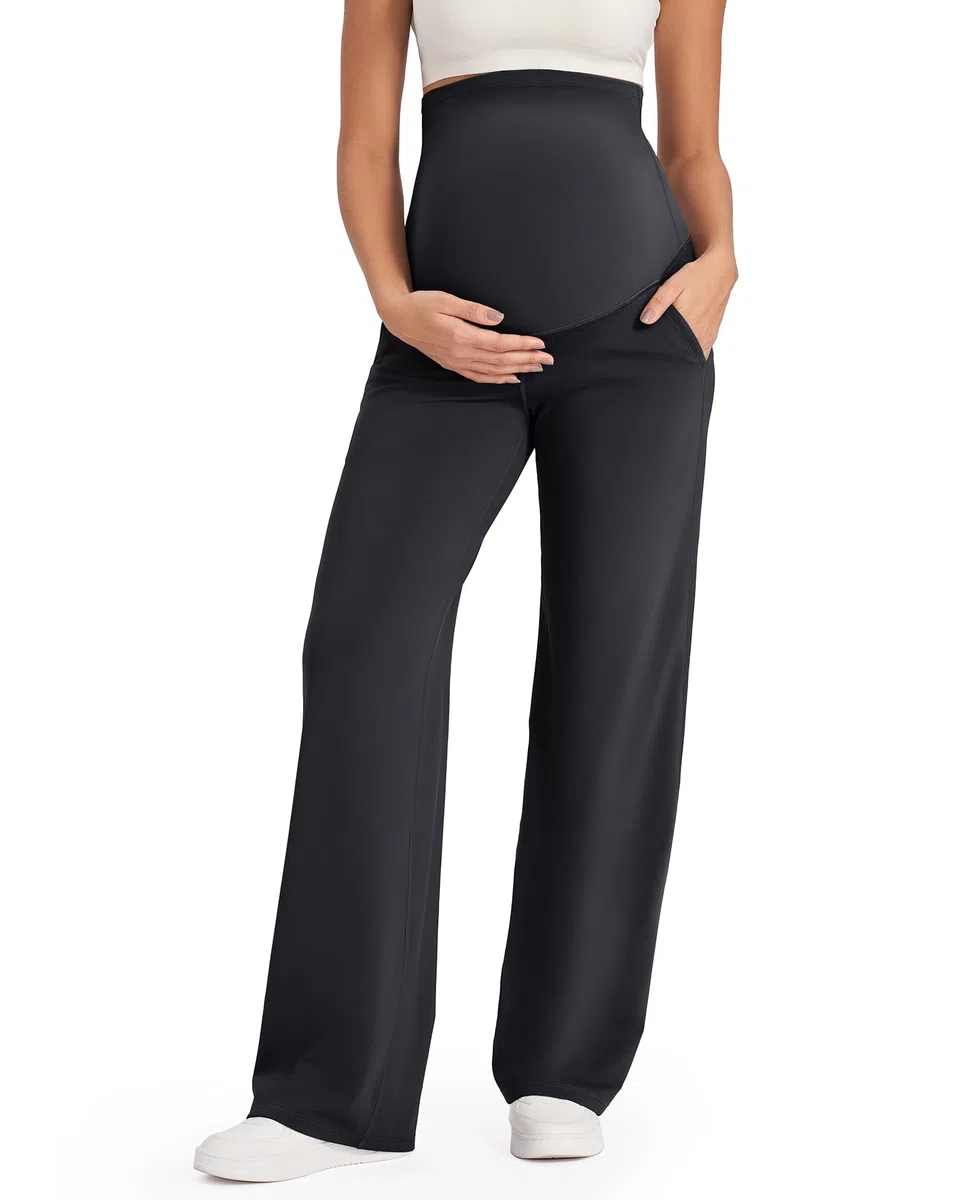 G4Free Pantalon Grossesse Femme Pantalons Maternité au-Dessus du Ventre pour Yoga Travail Pantalon Extensible à Jambes Larges avec Poches