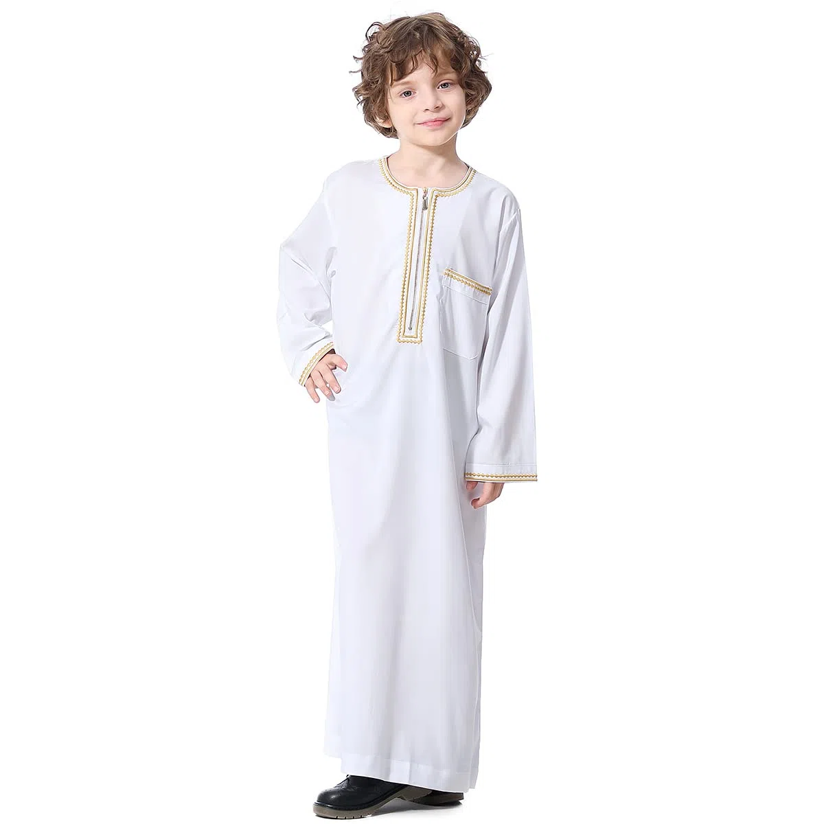 OBEEII Robe caftan à manches longues musulmane arabe arabe brodé pour garçon Abaya Thobe