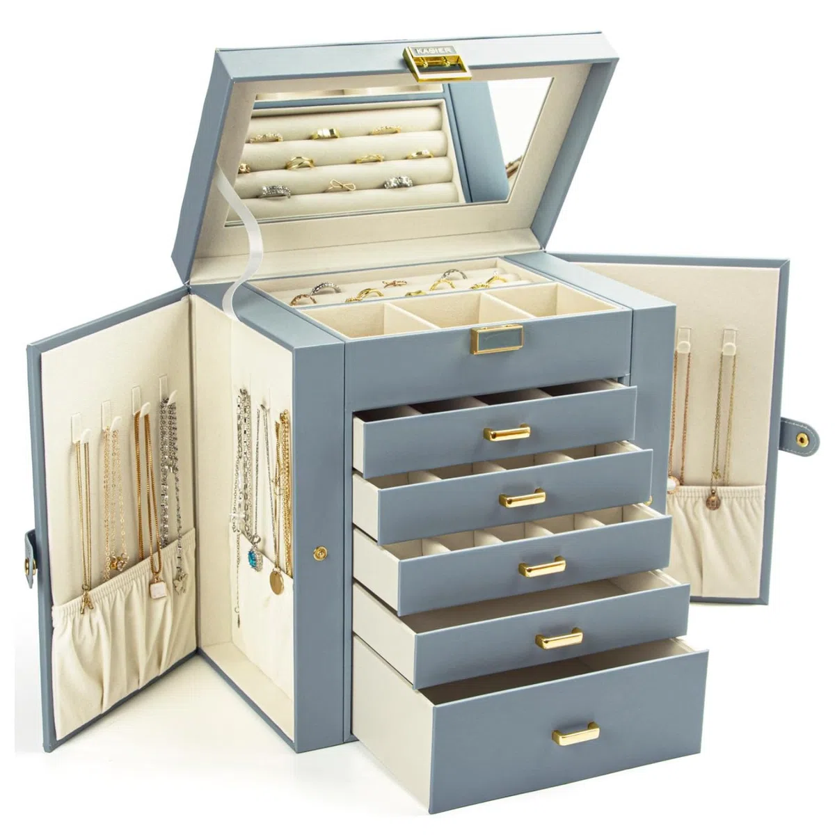 KAMIER Boîte à bijoux pour femme, grande boîte de rangement à bijoux à 6 couches avec miroir et 5 tiroirs pour bagues, boucles d'oreilles, collie, Bleu-Gris
