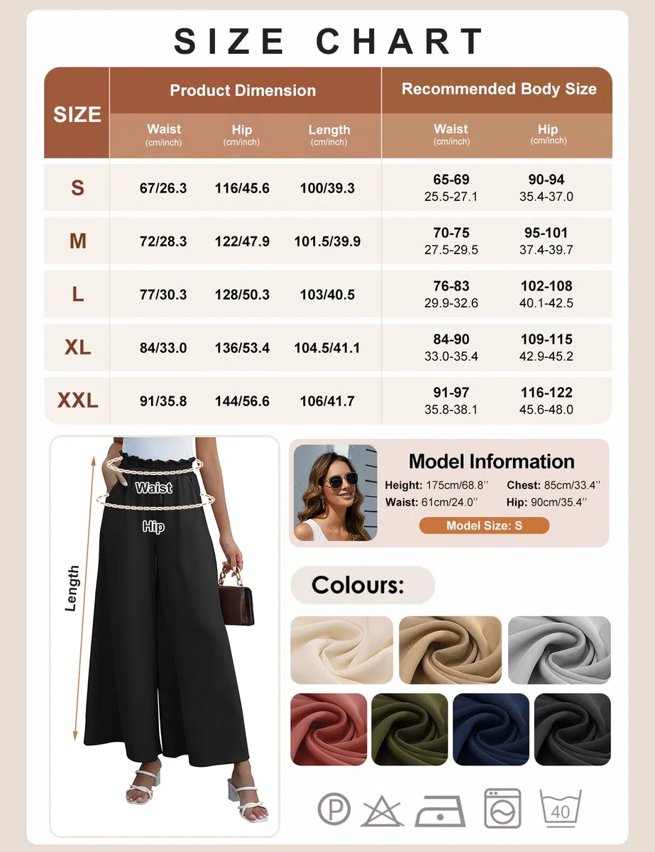 CMTOP Pantalon Femme Elegant Fluide Eté Elastique Taille Haute Pantalons Décontracté Léger Pantalon à Jambes Larges Le Travail and Le Bureau avec Poches
