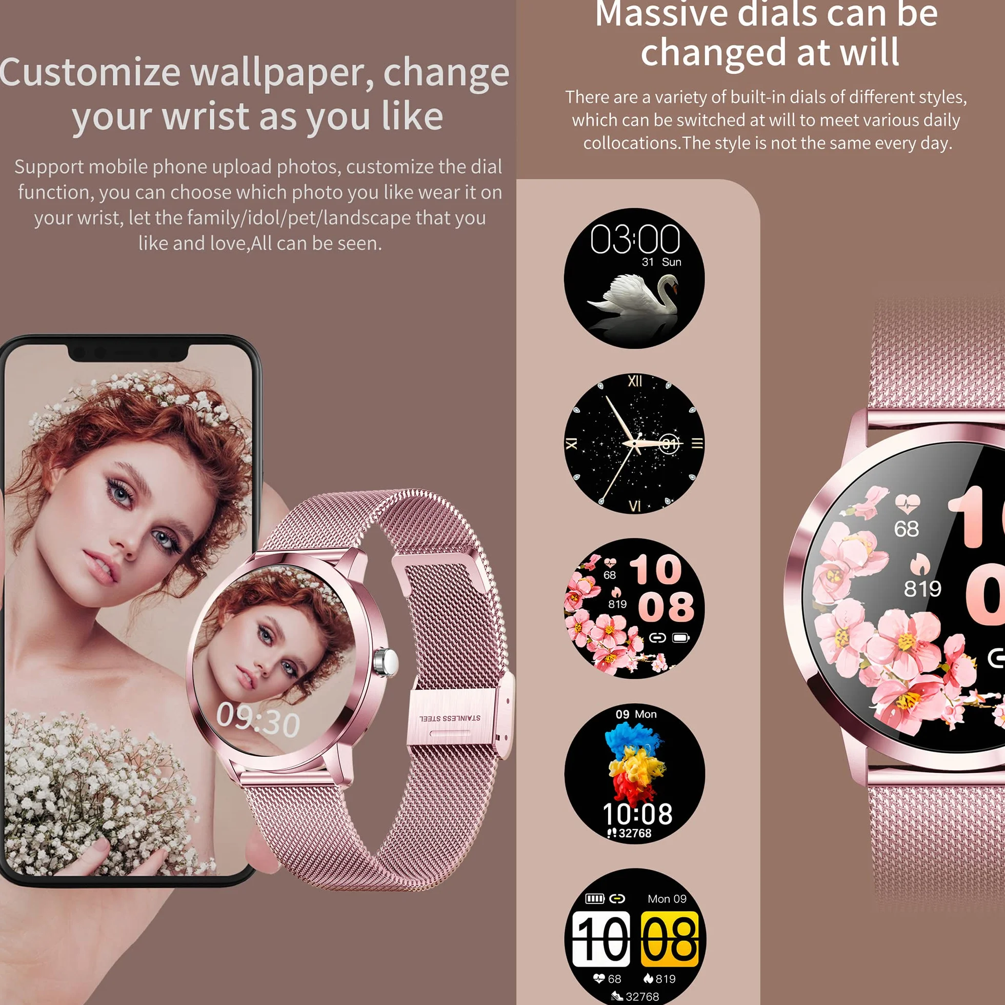 Montre Connectée Femmes IP67 Etanche Smartwatch Sport avec Moniteur Sommeil Fréquence Cardiaque, 22 Modes Sport, Podomètre pour Android iOS