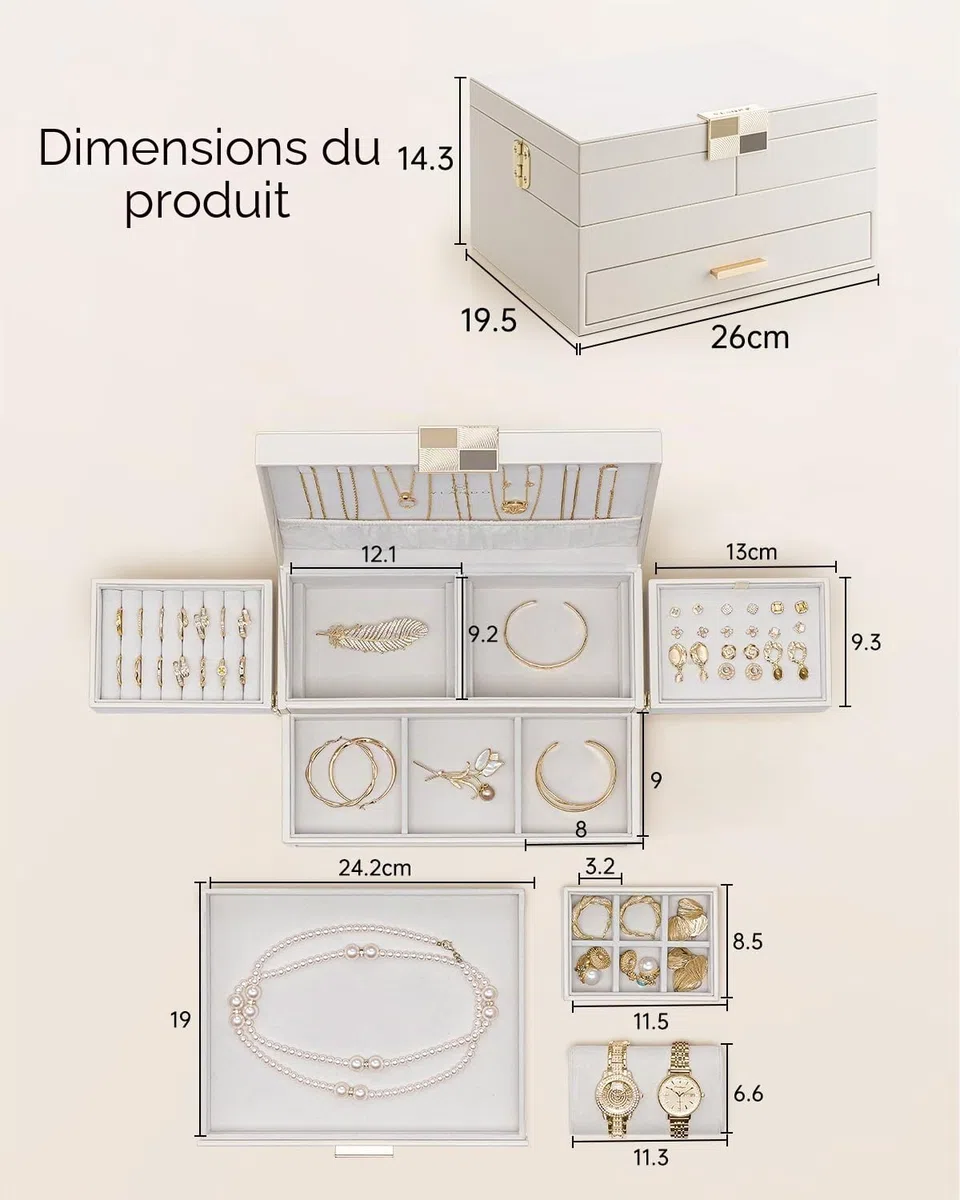 VLANDO Boîte à bijoux grande pour femmes - Organisateur de bijoux avec plateau coulissant - Boîte à bijoux avec tiroir pour colliers, bagues, bracelets, boucles d'oreilles - Pour mères et filles
