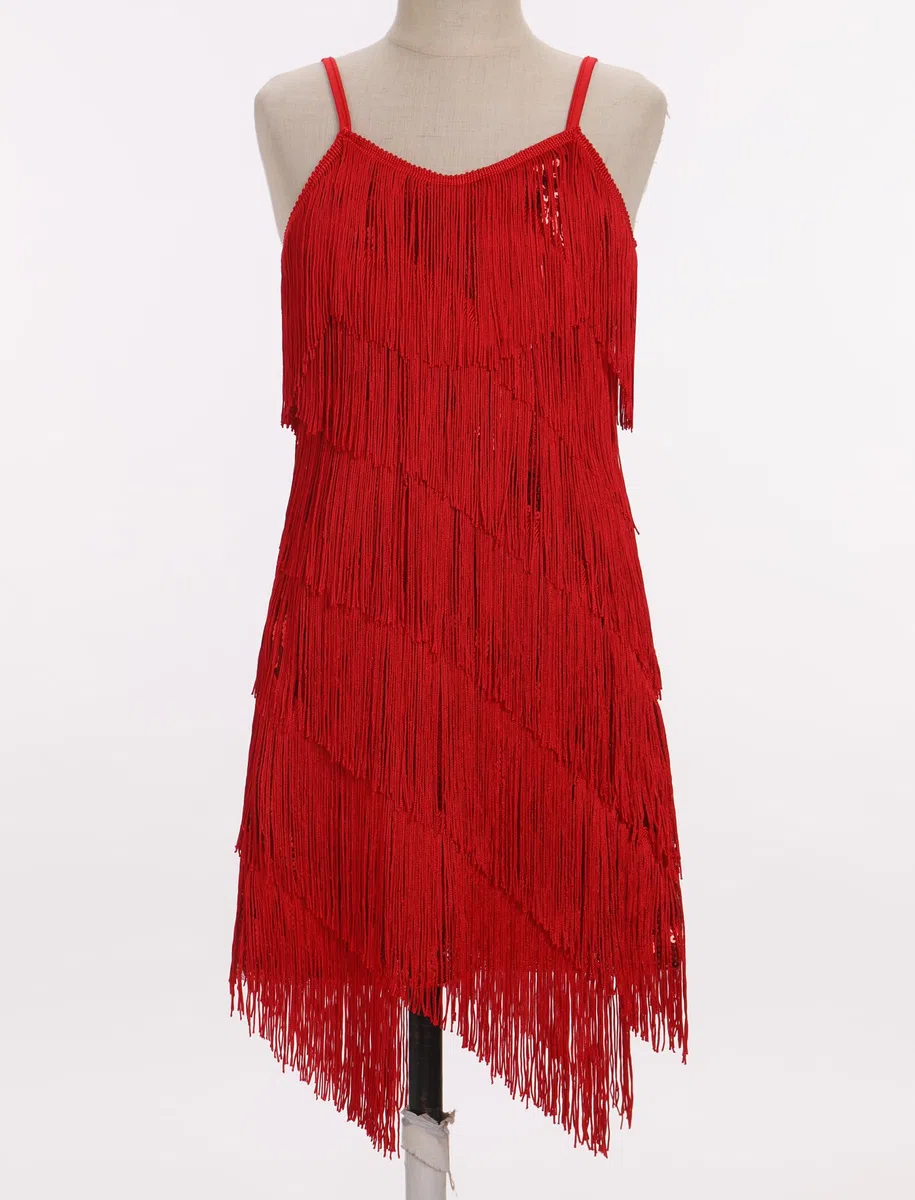 FYMNSI Robe de danse latine pour filles - Tenue de danse de salon - Col en V - Paillettes scintillantes - Pompons à franges