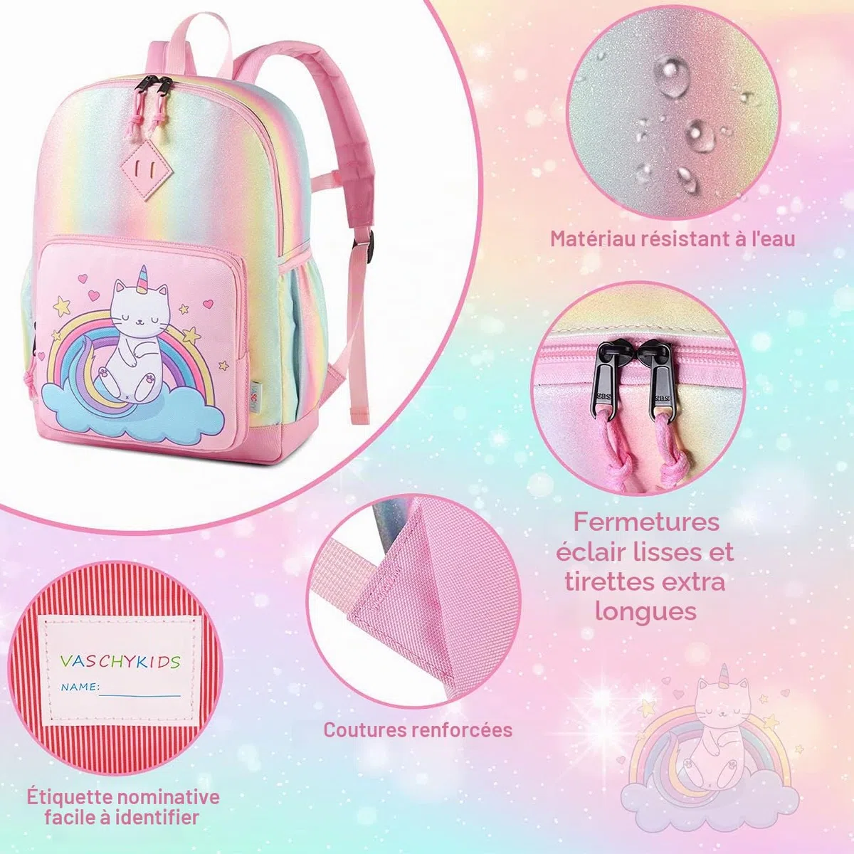 Sac à Dos Enfant, VASCHY Cartable Filles Primaire 4-6 Ans Léger Brillant Imperméable Sac a Dos Licorne Mignon pour A4 Dossier Maternelle École avec Sangle de Poitrine