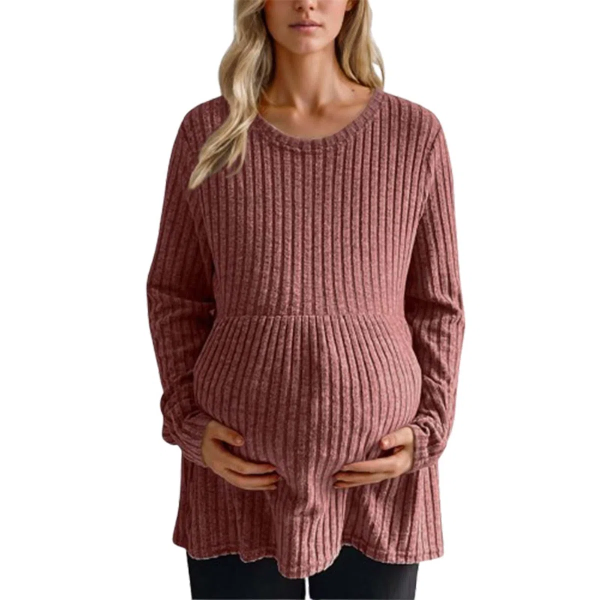 Keepink Haut de maternité uni extensible en tricot côtelé à manches longues pour femme - Pull ample - Tunique ample - Pull d'allaitement confortable pour la grossesse et le repos prénatal