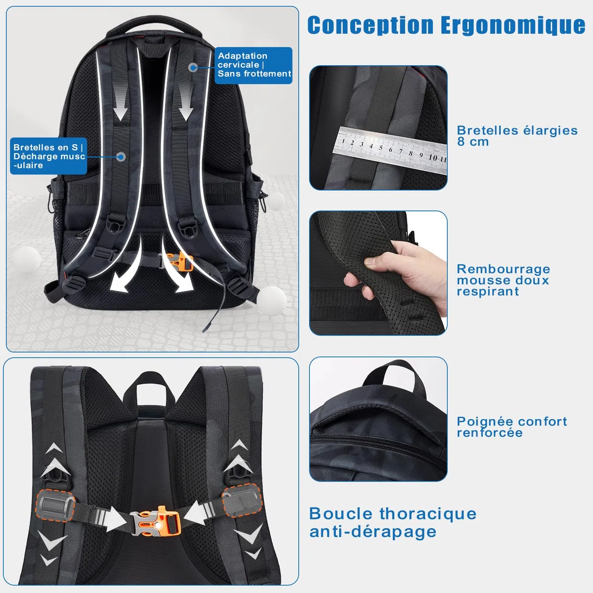 Cartable Garcon Primaire College 50cm Grande Sac à Dos Loisir Homme, Sacs Scolaire pour Ordinateur PC Portable 17 Pouces, Sacs pour Voyage Travail Affaire 12 13 14 15 16 17 18 19 20 10-23 Ans Ado Noir
