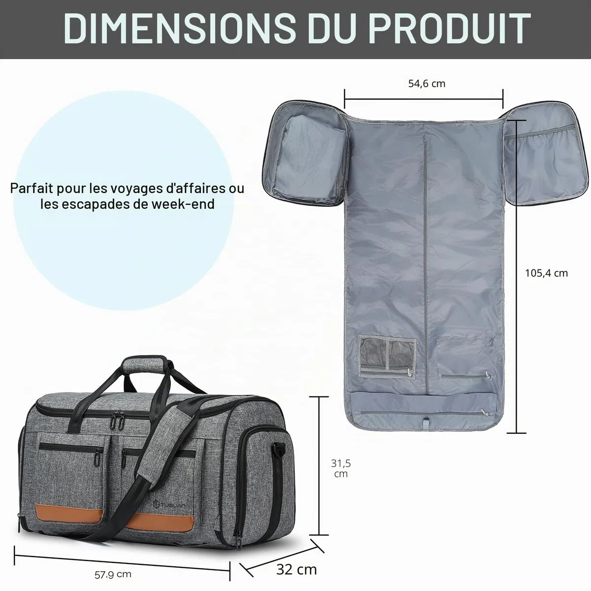 TUGUAN Sac à Vêtements de Voyage Convertible 3 en 1 Housse Costume pour Voyage d'affaires avec Sangles de Sac à Dos et Compartiment pour Chaussures (Gris + Marron)