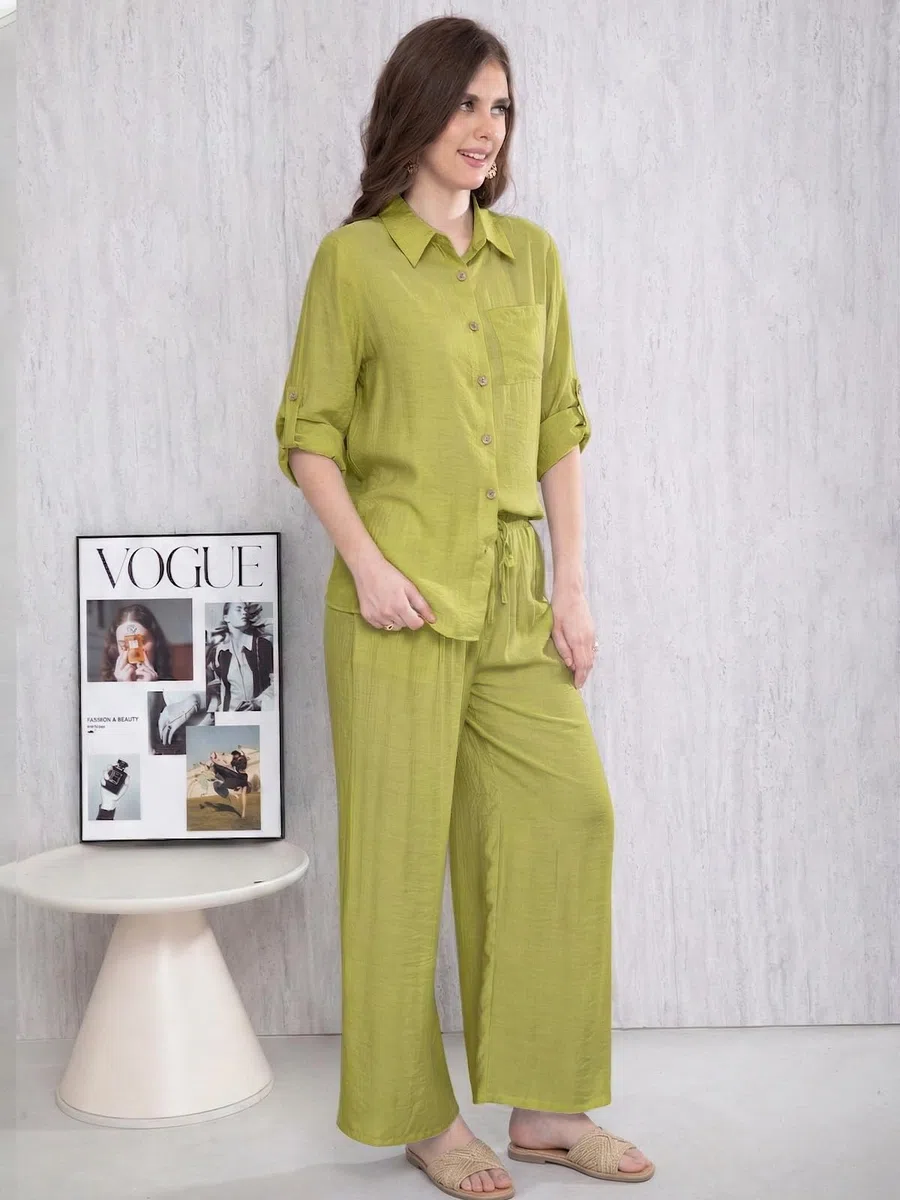 Adigaber Survêtement à Manches Longues pour Femmes Ensemble Deux Pièces Chemise Boutonnée et Ample Taille Haute Jambe Large Cordon de Serrage Pantalons avec Poches