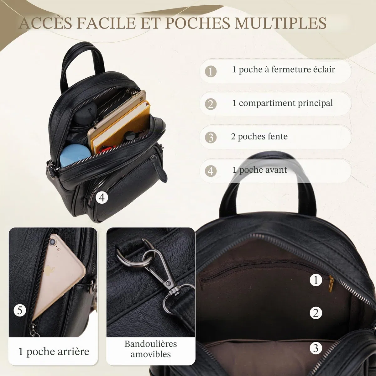 VX VONXURY Mini Sac à Dos Femme Sac à Dos Cuir Femme avec Bandoulière Amovible Petit Sac à Dos Femme pour Casuels