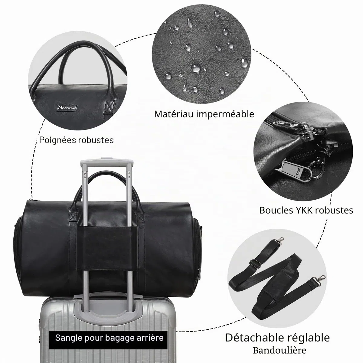 Modoker Sac à vêtements en cuir convertible, sacs à vêtements pour voyage, sac de voyage, Noir