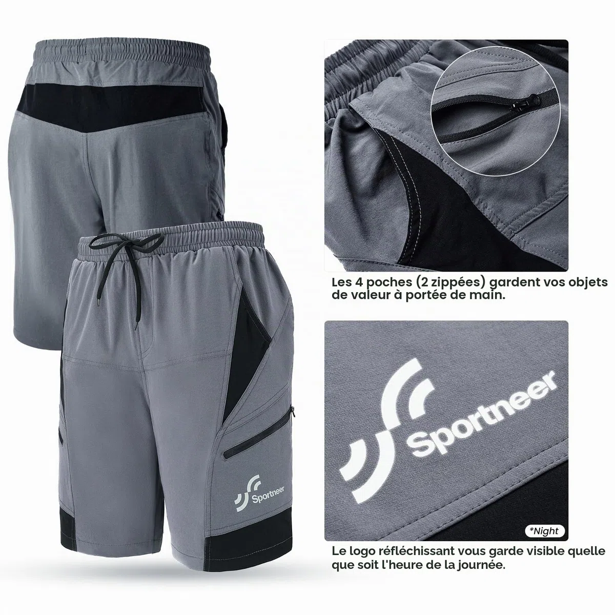 Sportneer Cuissard de Cyclisme rembourré pour Homme - Doublure 3D - pour VTT, Sport, Cyclisme, Plein air