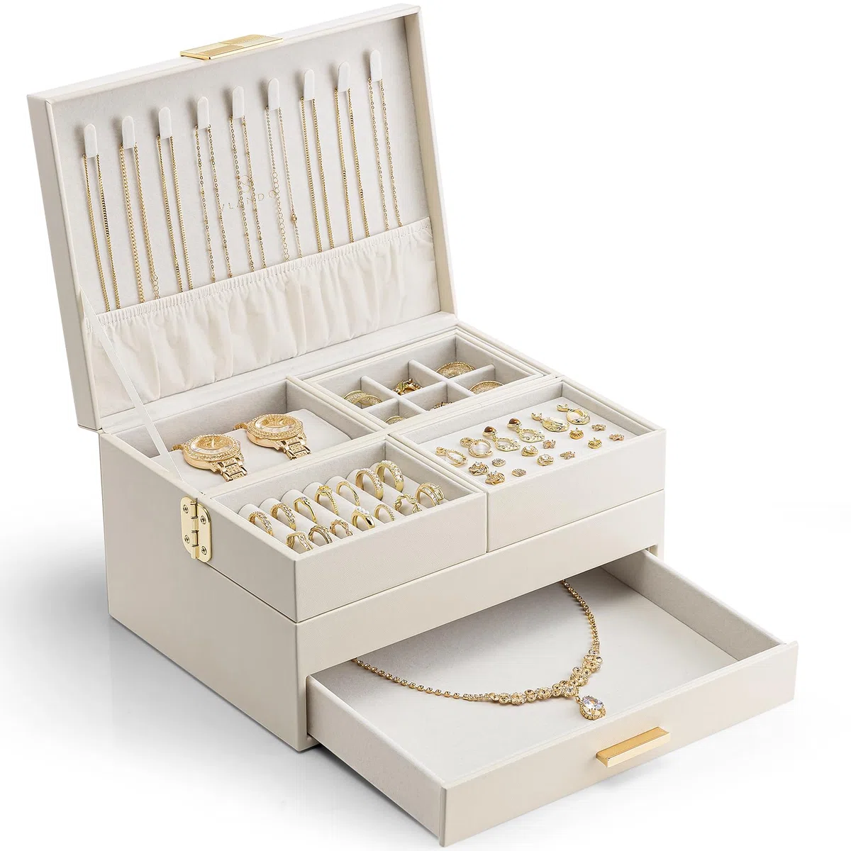 VLANDO Boîte à bijoux grande pour femmes - Organisateur de bijoux avec plateau coulissant - Boîte à bijoux avec tiroir pour colliers, bagues, bracelets, boucles d'oreilles - Pour mères et filles