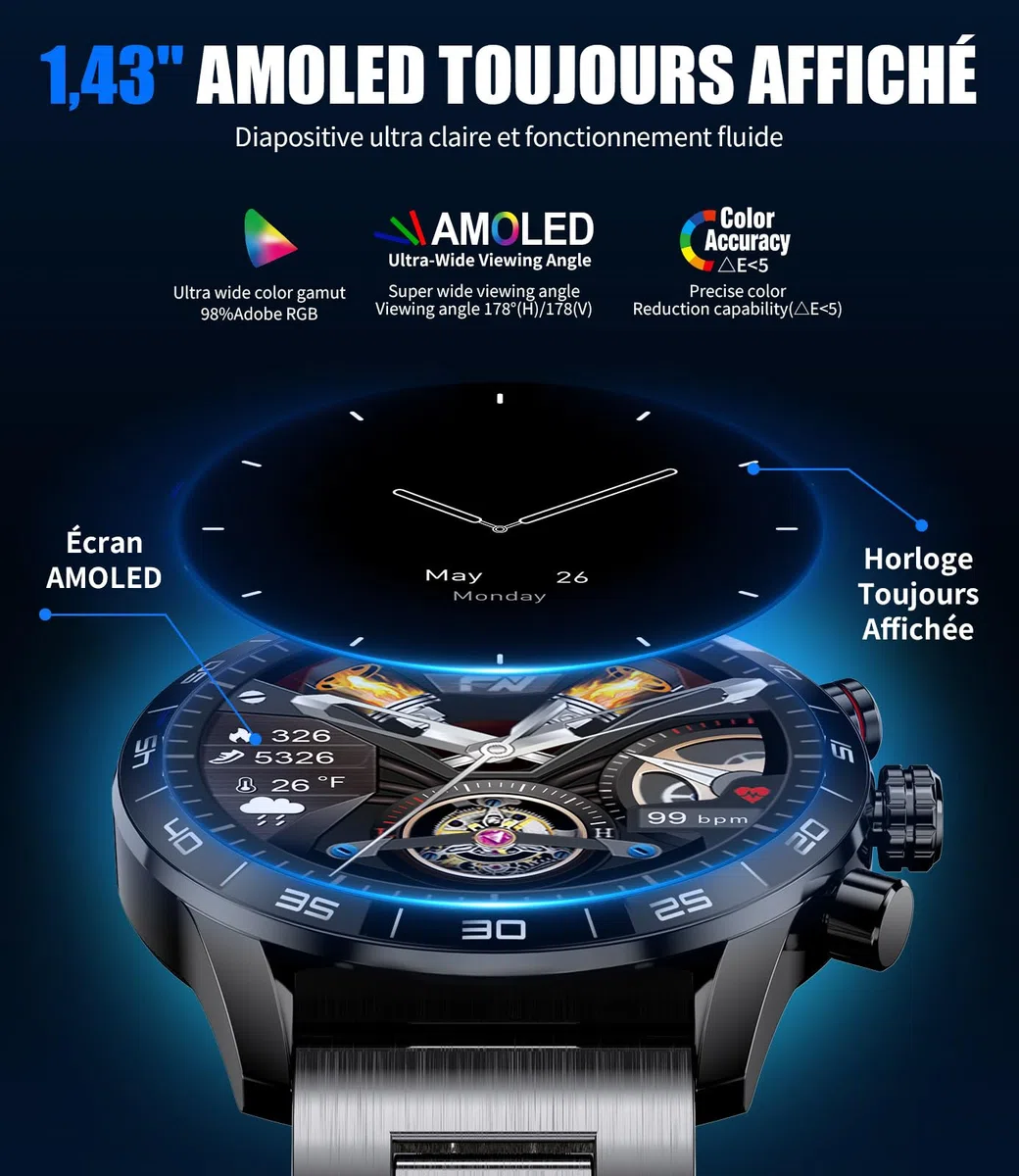 LIGE Montre Connectée Homme 1,43'' AMOLED, Appel Bluetooth, Assistant Vocal, 2 Bracelets, Autonomie 15 Jours, 124 Modes Sportifs Smartwatch iOS Android