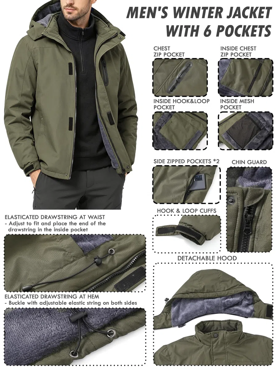 Veste d'Hiver Imperméable Hommes Doublé Chaud Coupe-Vent Blouson de Ski avec Capuche Amovible