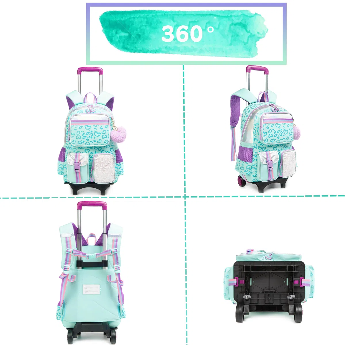HTgroce Cartable à Roulette Fille Primaire, Sac à Dos pour Filles, pour Scolaire, Voyage, CE2