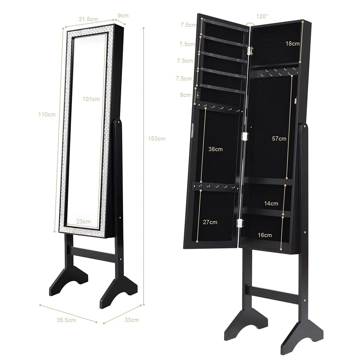 COSTWAY Armoire à Bijoux Verticale avec Miroir Clair Pleine Longueur et Angle Légèrement Réglable, Système de Triage et de Rangement pour Tout Type de Bijoux (Noir)