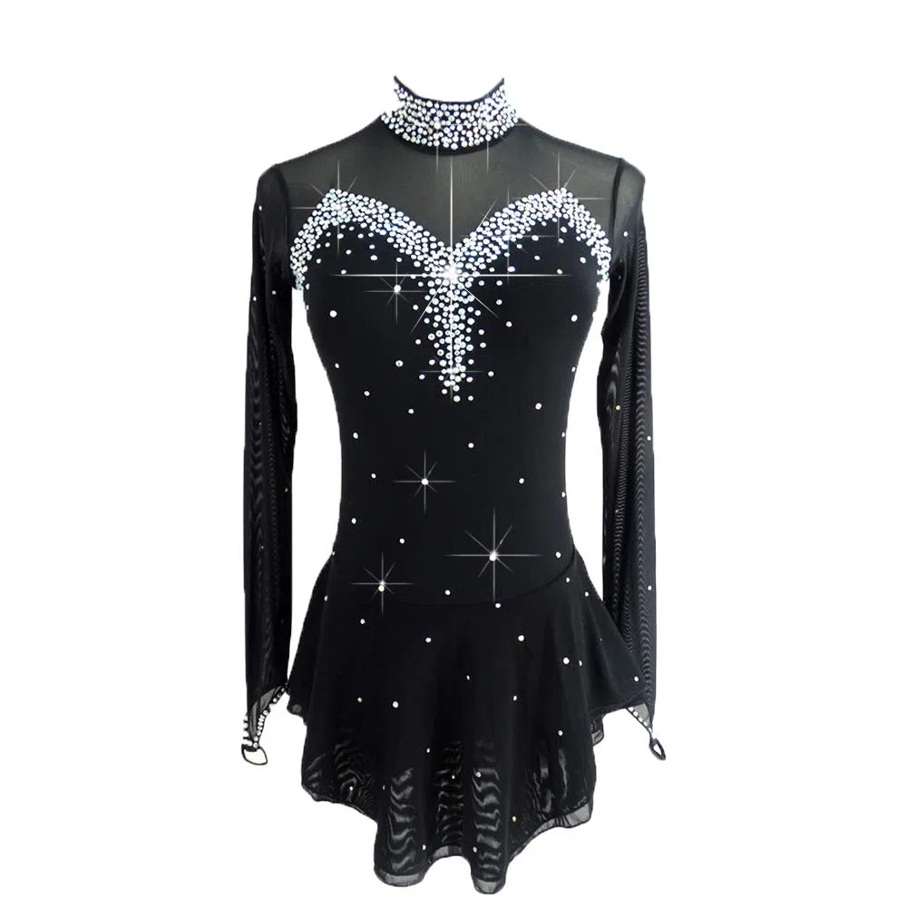 LIUHUO Robe de Patinage Artistique Noire pour Filles Femmes Dos Nu à Manches Longues Perles. - Noir - Taille S