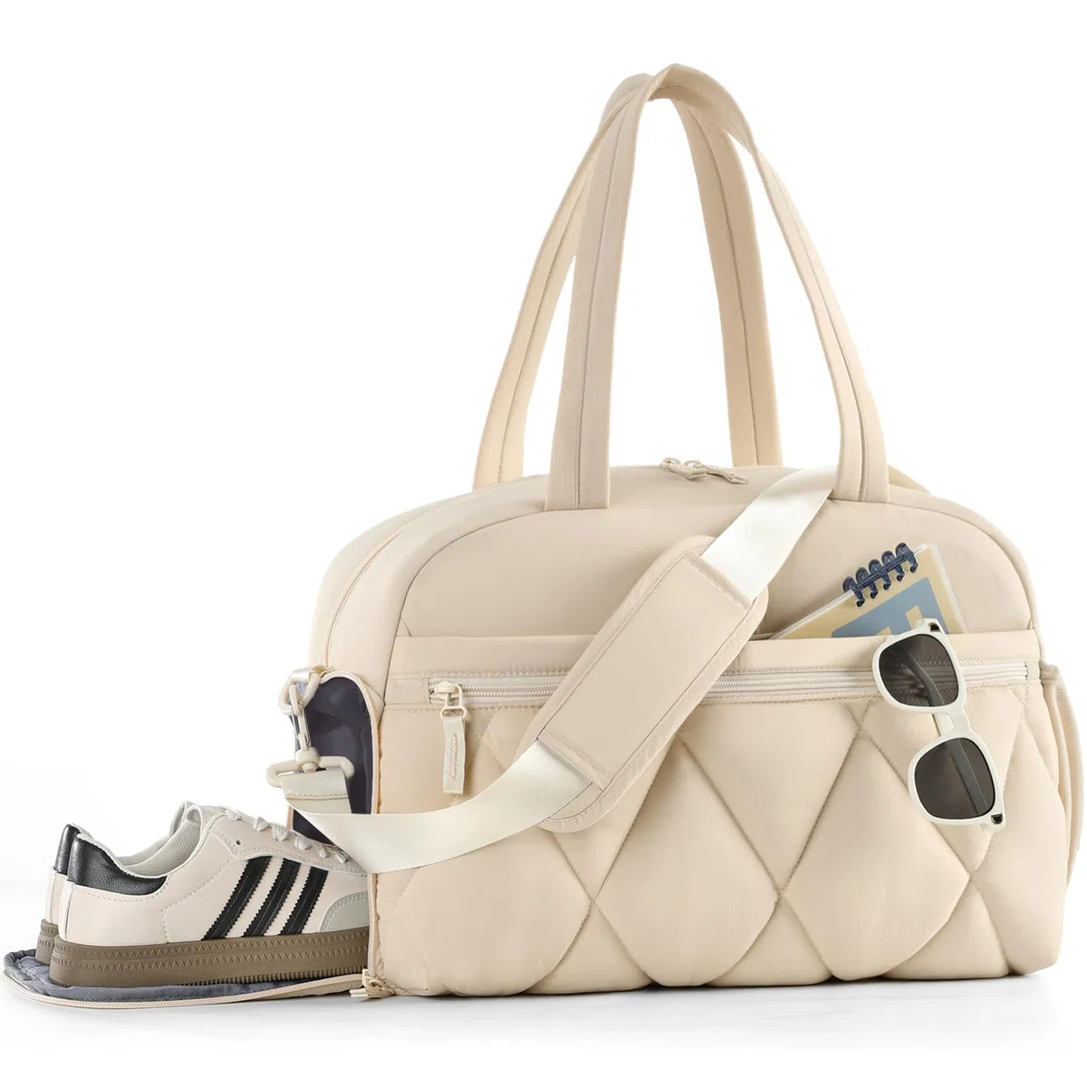 Sac de Voyage Femme Homme Sac de Sport Puffer Matelassé avec Compartiment à Chaussures et Poche Humide, Sacs Cabine Bagage à Main Bag Léger pour Nuit Weekend Hôpital Avion, Beige