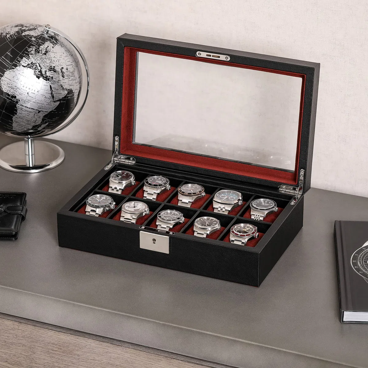 ROTHWELL Boîte à montres en cuir à 10 emplacements – Ecrins pour montres de luxe avec doublure en microsuède ultra douce, support verrouillable avec grand plateau en verre (Noir/Rouge)
