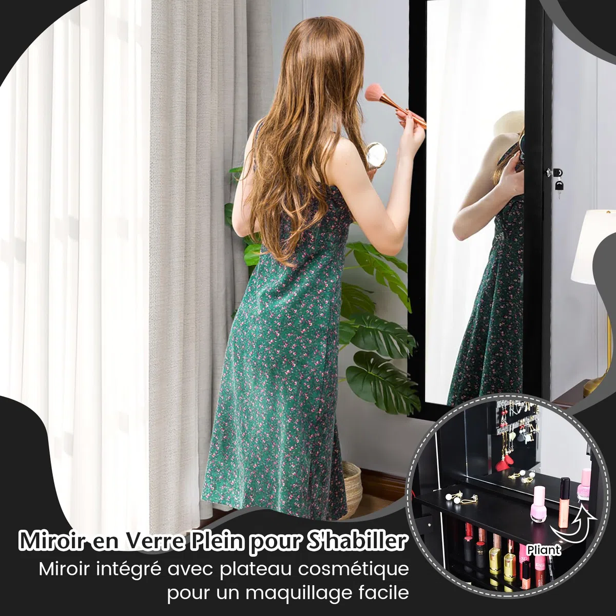 COSTWAY Armoire à Bijoux Murale avec Miroir 12 LED, Meuble de Rangement Verrouillable Pleine Longueur, Organisateur de Bijoux avec Étagères de Rangement, Style Scandinave, Noir