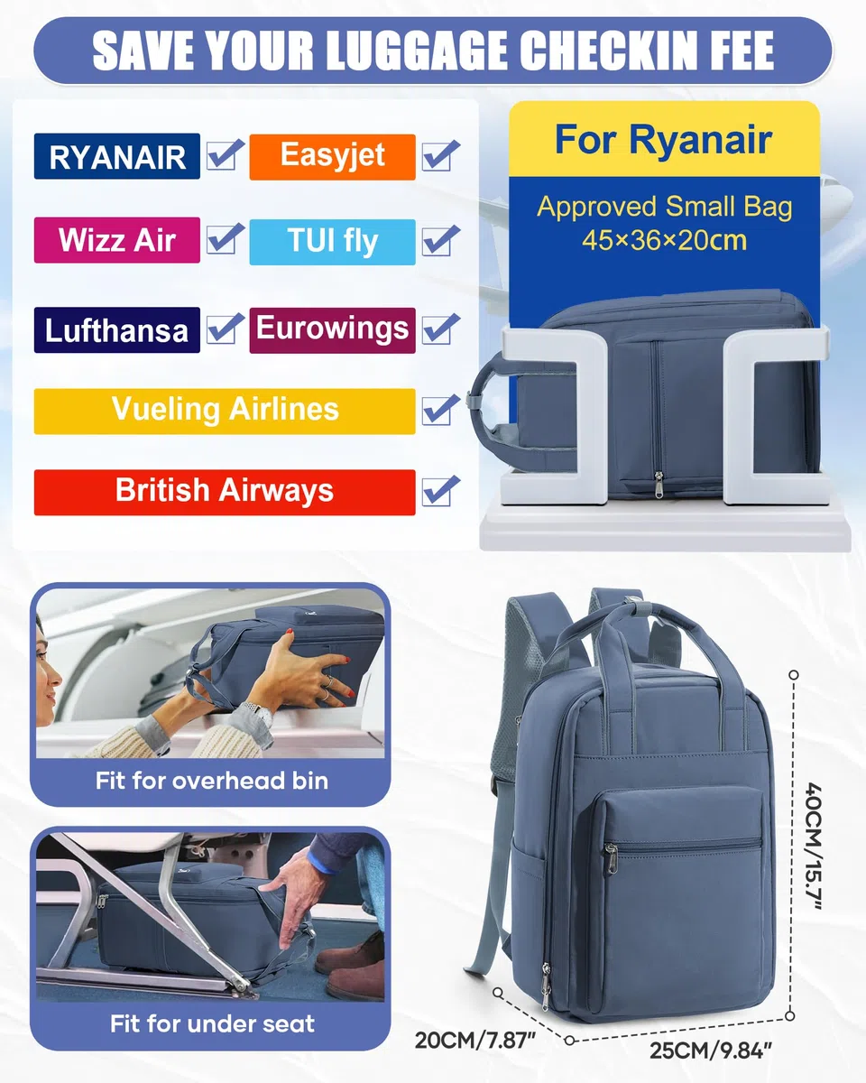 BJLFS Sac à dos sous vide avec pompe Ryanair Wizzair 40x30x20 Femme Sac Cabine Avion 40x30x20 sous vide Bagage Cabine 45x36x20 Easyjet Bagage à Main Sac pour Ordinateur Portable 14 Pouces