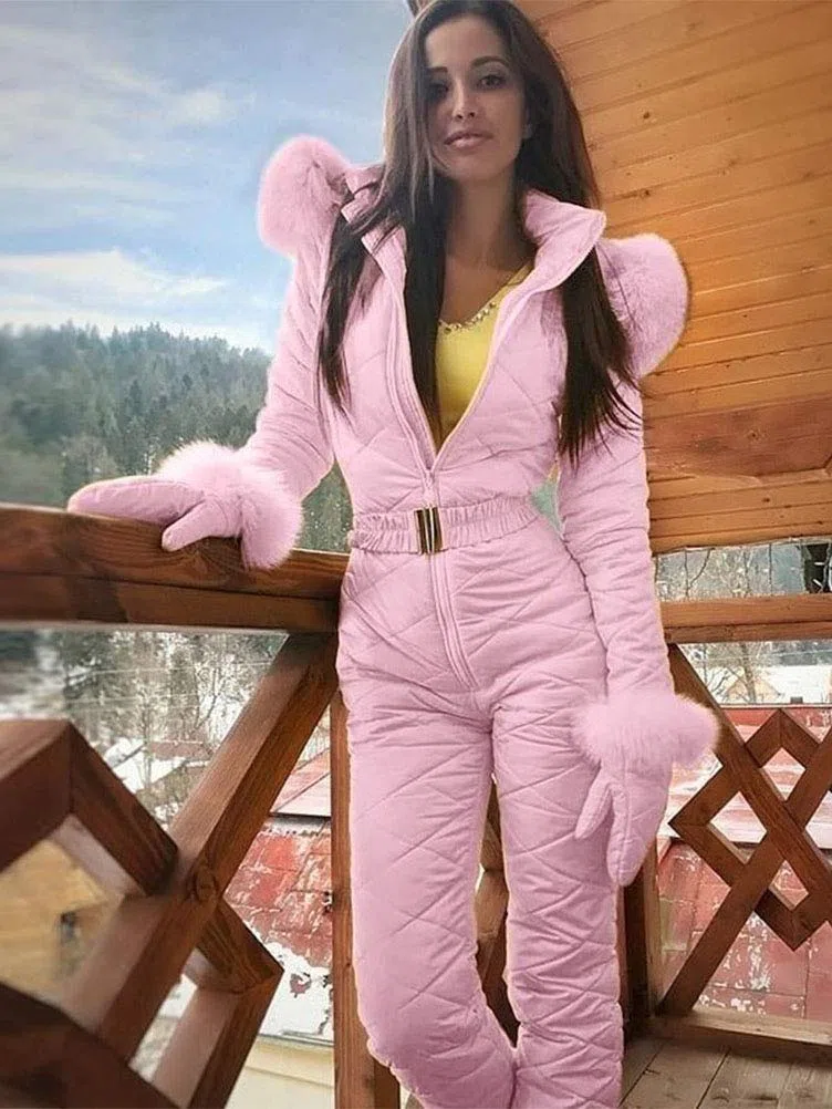 Minetom Combinaison de Ski Femme Fille Hiver Chaud Peluche Capuche Overall Neige Extérieur Sports Pantalon Ski Suit Imperméable Jumpsuit