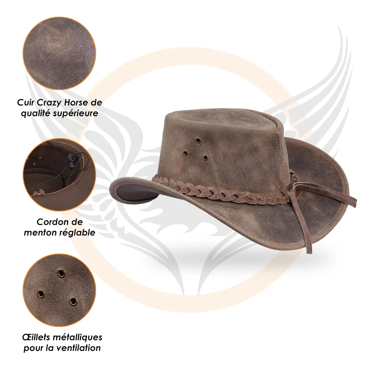 Leatherick Chapeau Cowboy pour Hommes - Chapeaux Outback en Cuir de Cheval Fou de Style Western Aussie avec Sangle de Menton