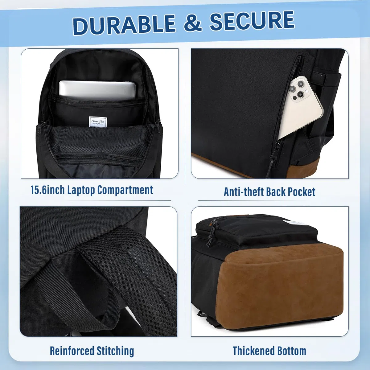 Chase Chic Sac A Dos Homme Femme, Sac D'école Antivol Sac De Ville D'affaires Loisirs Résistant à L'eau Pour College Travail École Voyage Adolescent étudiants 18,8L