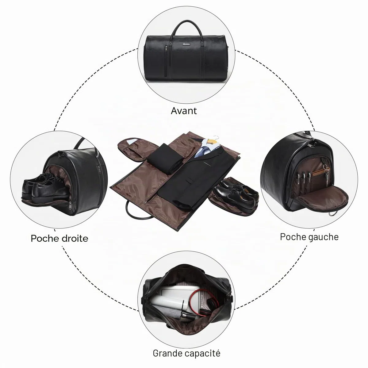 Modoker Sac à vêtements en cuir convertible, sacs à vêtements pour voyage, sac de voyage, Noir