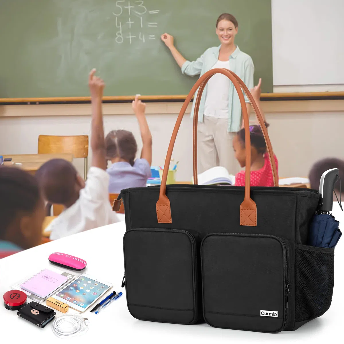 CURMIO Sac de Transport pour Femme, Sac de Travail pour Enseignant, Pochette Rembourrée pour Ordinateur Portable, Idéal pour Professeurs, Noir (Sac Vide)