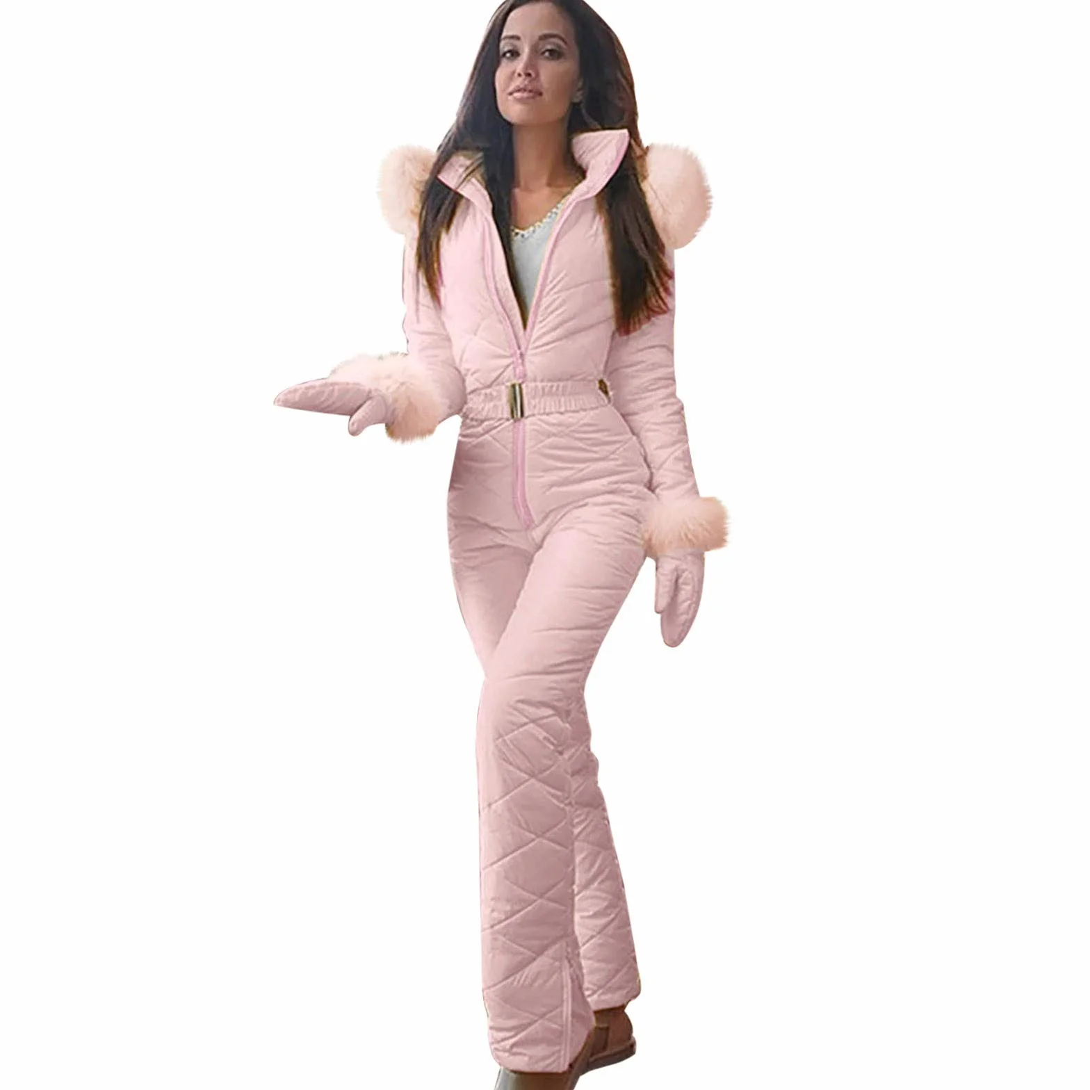Combinaison de ski une pièce pour femme - Combinaison de neige longue avec imprimé à carreaux - Combinaison de ski avec fourrure chaude - Combinaison d'hiver avec ceinture élégante - Imperméable