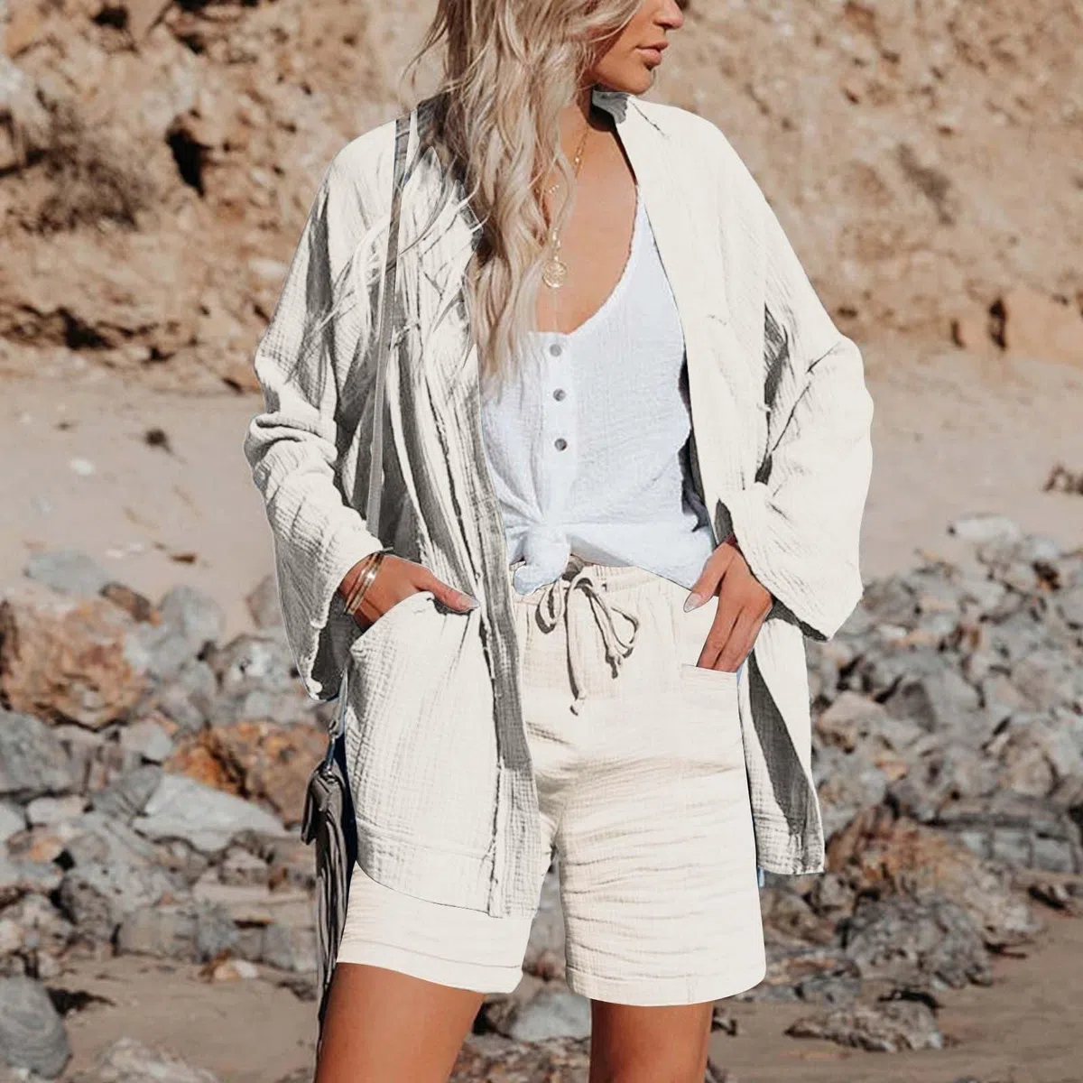 Shorts Femme Gaze de Coton Grande Taille Été Fluide Lin Sport Décontracté avec Cordon de Serrage et Poches Élastique