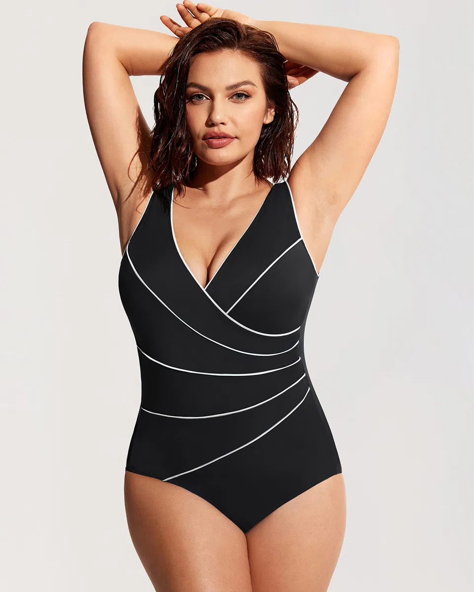 DELIMIRA Maillot de Bain Une pièce rembourré pour Femme - Grandes Tailles - Col en V
