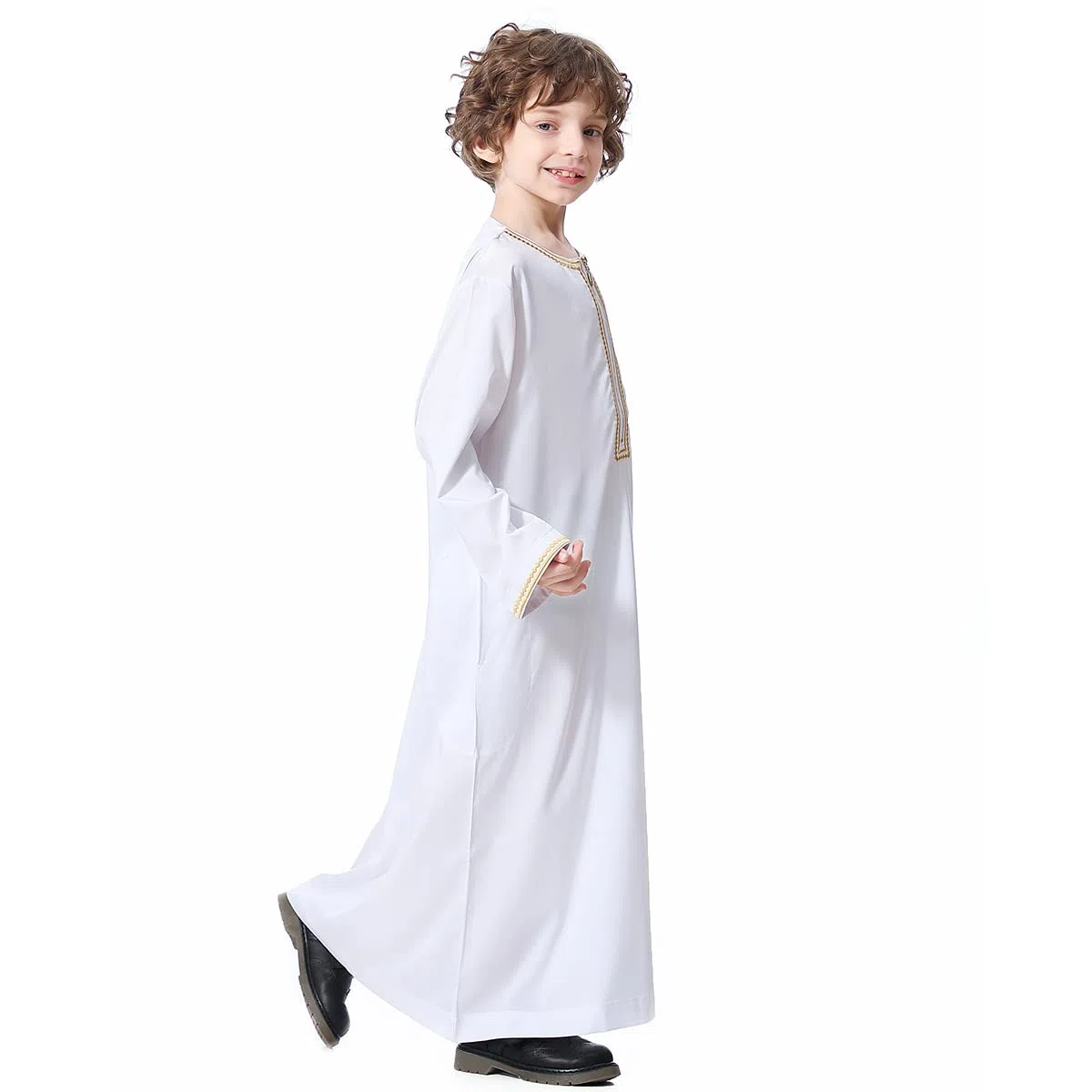 OBEEII Robe caftan à manches longues musulmane arabe arabe brodé pour garçon Abaya Thobe