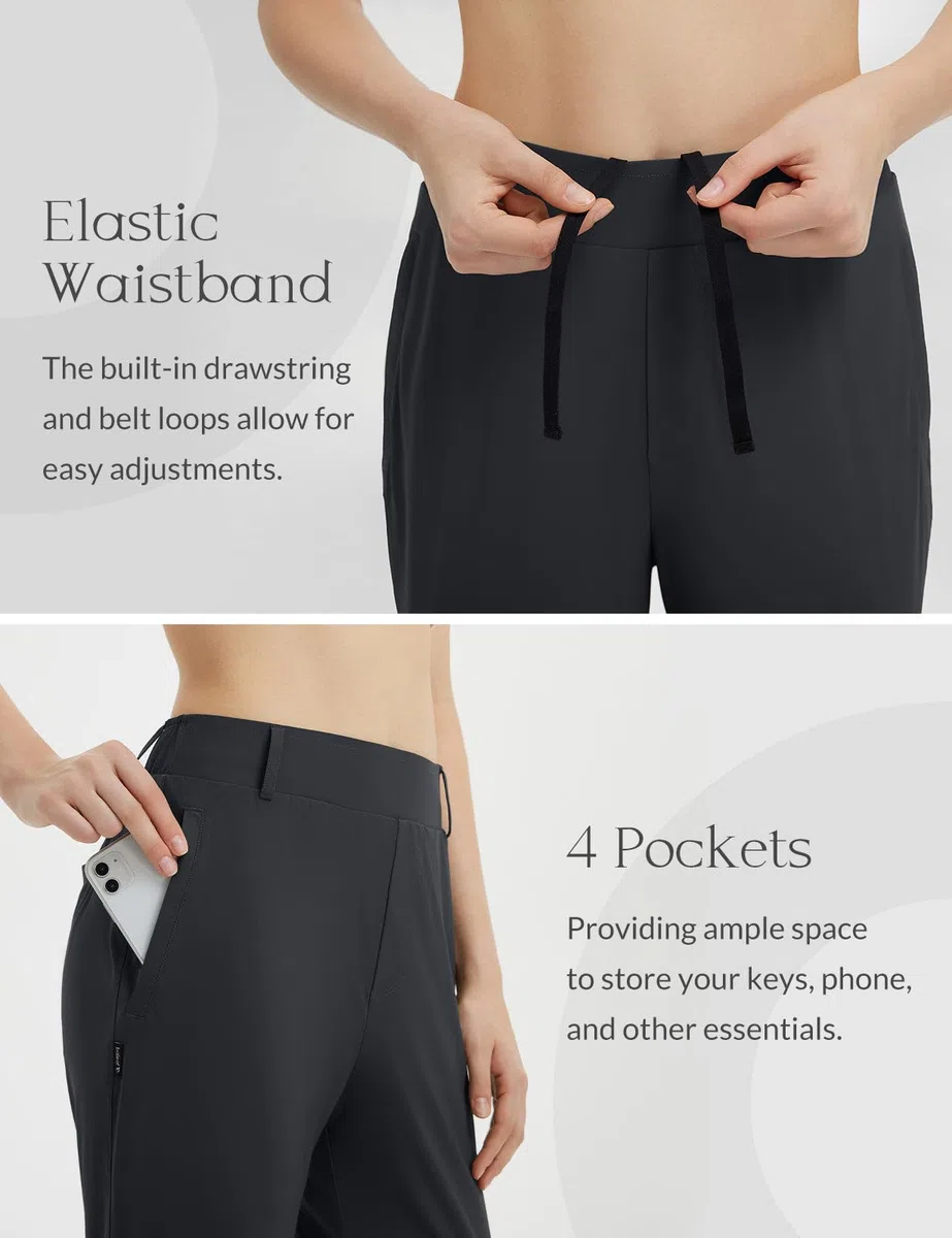 baleaf Pantalon de golf pour femme avec passants de ceinture, poches zippées, extensible, pour voyage, travail, affaires, décontracté, UPF 50+