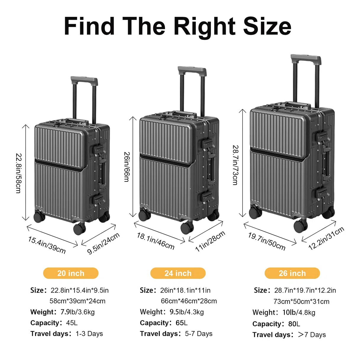 Valise Cabine de Voyage homologuée TSA, Coque Rigide en Polycarbonate, Cadre en Aluminium, résistante à la Pression, pour Bagages de 20'' 24'' 26'' (20‘’, Gris foncé)