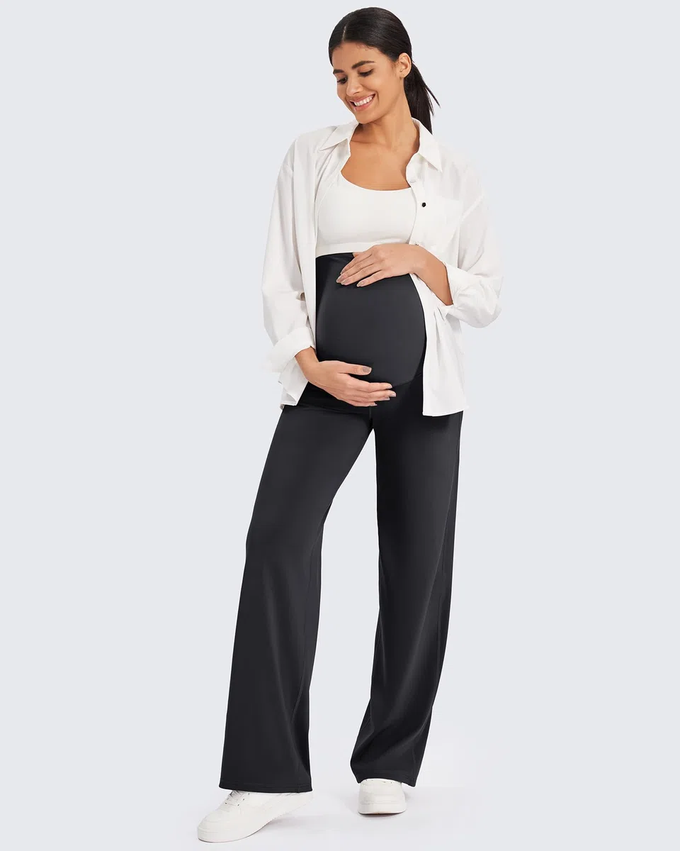 G4Free Pantalon Grossesse Femme Pantalons Maternité au-Dessus du Ventre pour Yoga Travail Pantalon Extensible à Jambes Larges avec Poches
