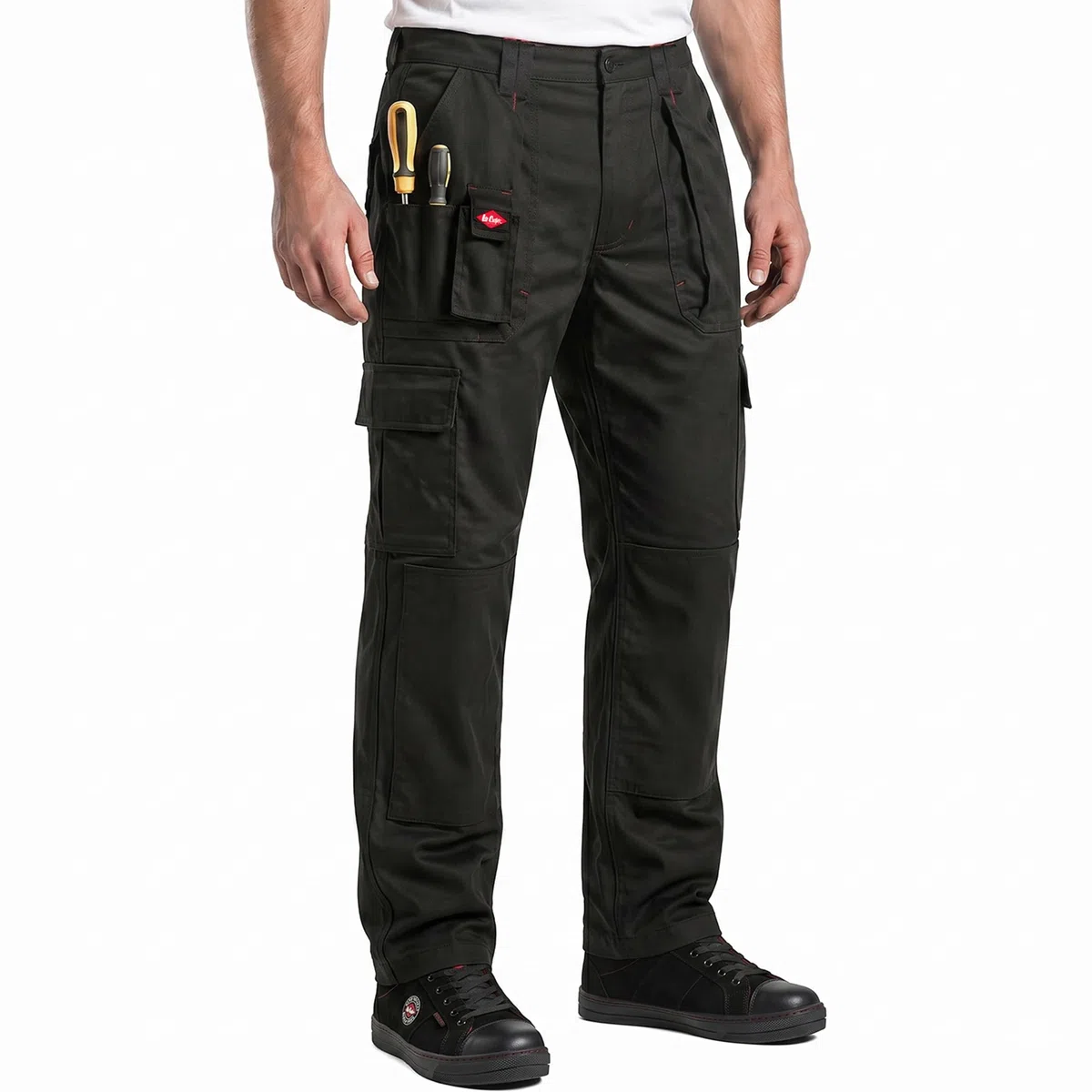 Lee Cooper Pantalon Travail Homme Cargo avec Poches Genou 320 GSM – Workwear Résistant Multi Poches, Pantalon Sécurité Entretien Facile pour Chantier (Noir, 32W/33L)