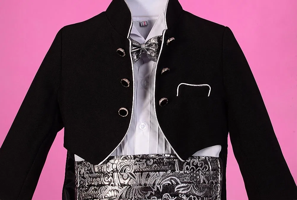 Lito Angels Ensemble 5 Pieces Smoking pour Bebe Garcon, Costume de Mariage Ceremonie Bapteme avec Cummerbund et Noeud Papillon Jacquard Argent, Noir/Blanc