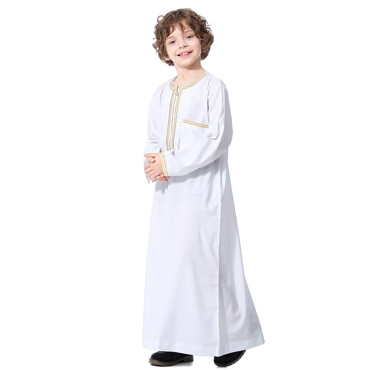 OBEEII Robe caftan à manches longues musulmane arabe arabe brodé pour garçon Abaya Thobe