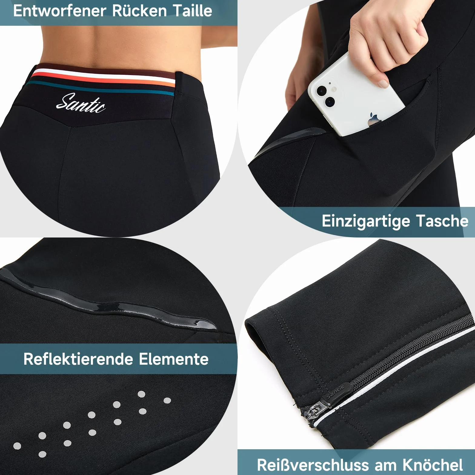 Santic Pantalon de cyclisme long pour femme - Rembourré - Thermique - Rembourrage de l'assise - Réfléchissant - Long legging