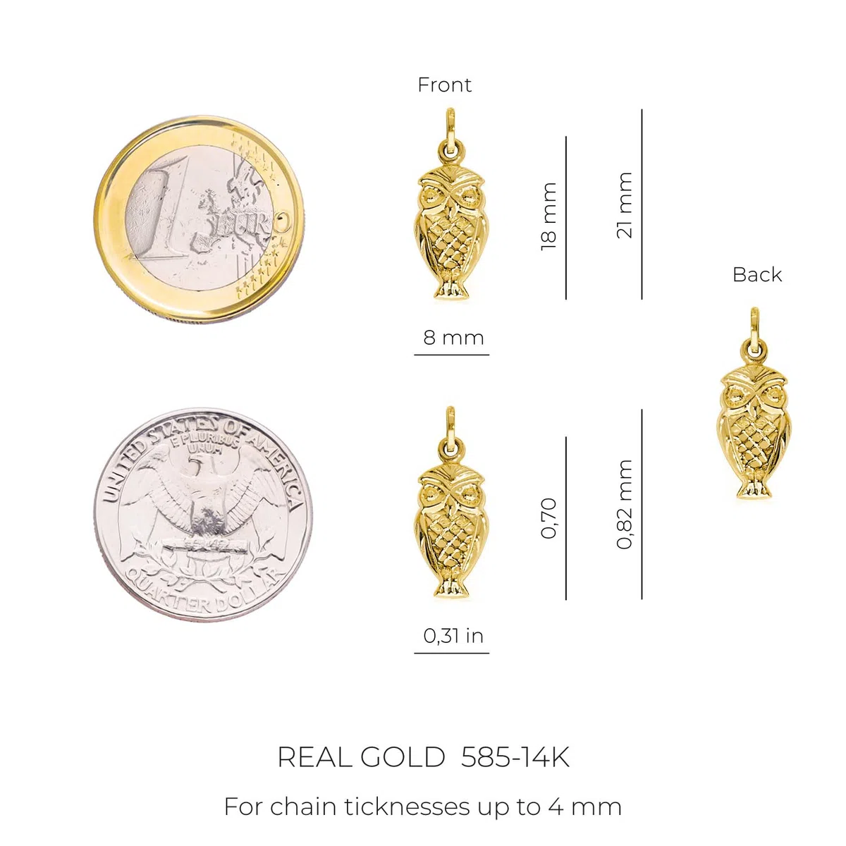 Lucchetta - Hibou Porte-bonheur | Pendentif en Or Jaune 14 Carats Brillant | Charms et Pendentifs pour Bracelet et Chaîne (jusqu'à 4 mm) | pour Femme et Fille