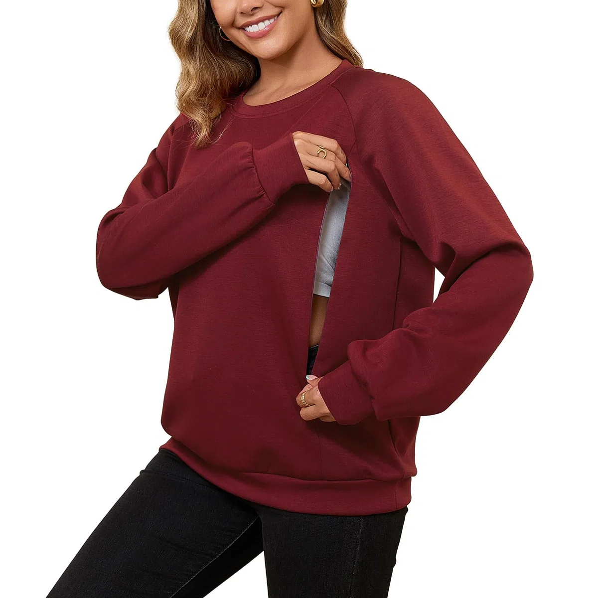 DEBELLY Sweat-shirt d'allaitement pour femme - Double fermeture éclair - Haut d'allaitement à manches longues et col rond - Vêtement décontracté