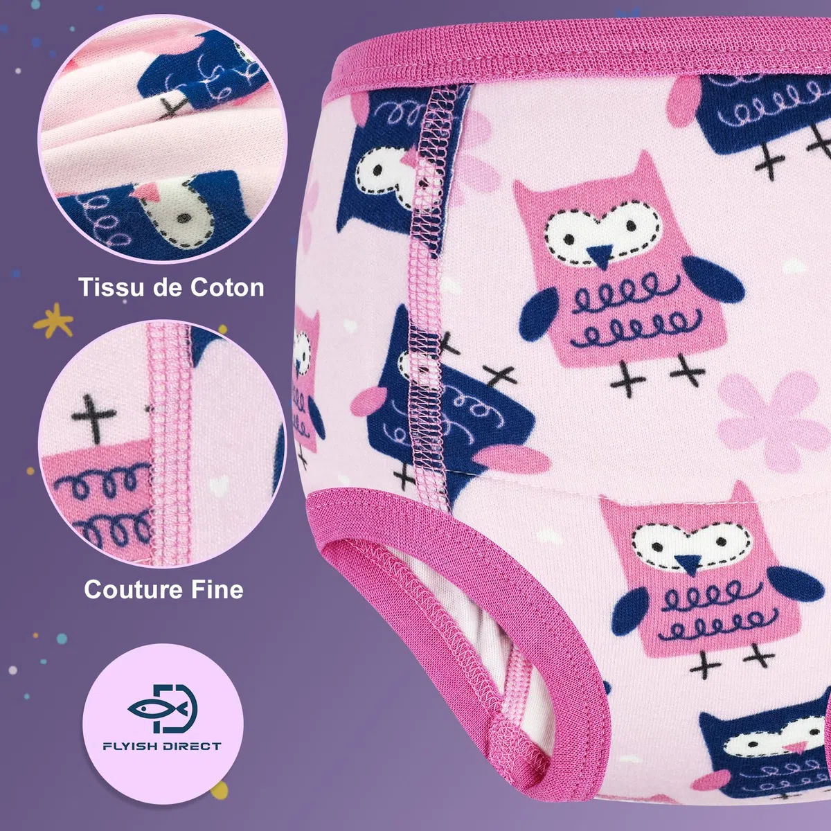 FLYISH DIRECT Culottes d'apprentissage pour Filles et Garçons 100% coton, Absorbantes Culottes Enfant Apprentissage, Anti-fuite, Réutilisables, Lot de 10, Rose Violet, 2 ans