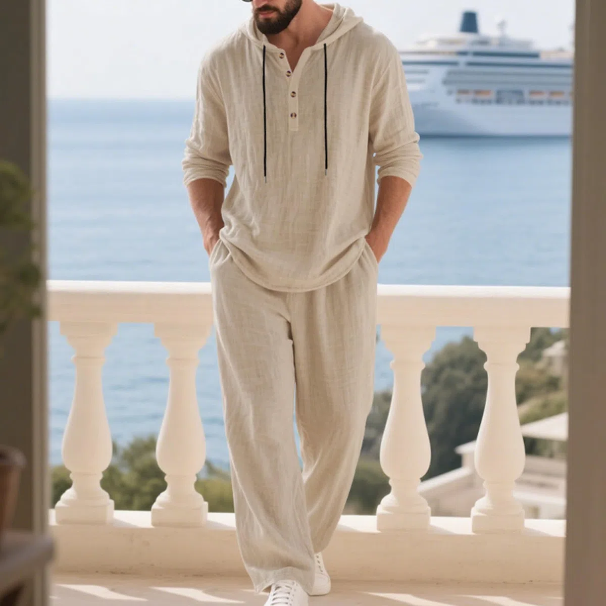 Ensemble Homme 2 Pièces en Lin Printemps Été 2026,T-Shirt À Capuche Et Pantalon Tenues D'Été Manches Longues Ensemble Jogging Homme Chemise Boutonnée Survêtement Ensembles Streetwear Loisirs