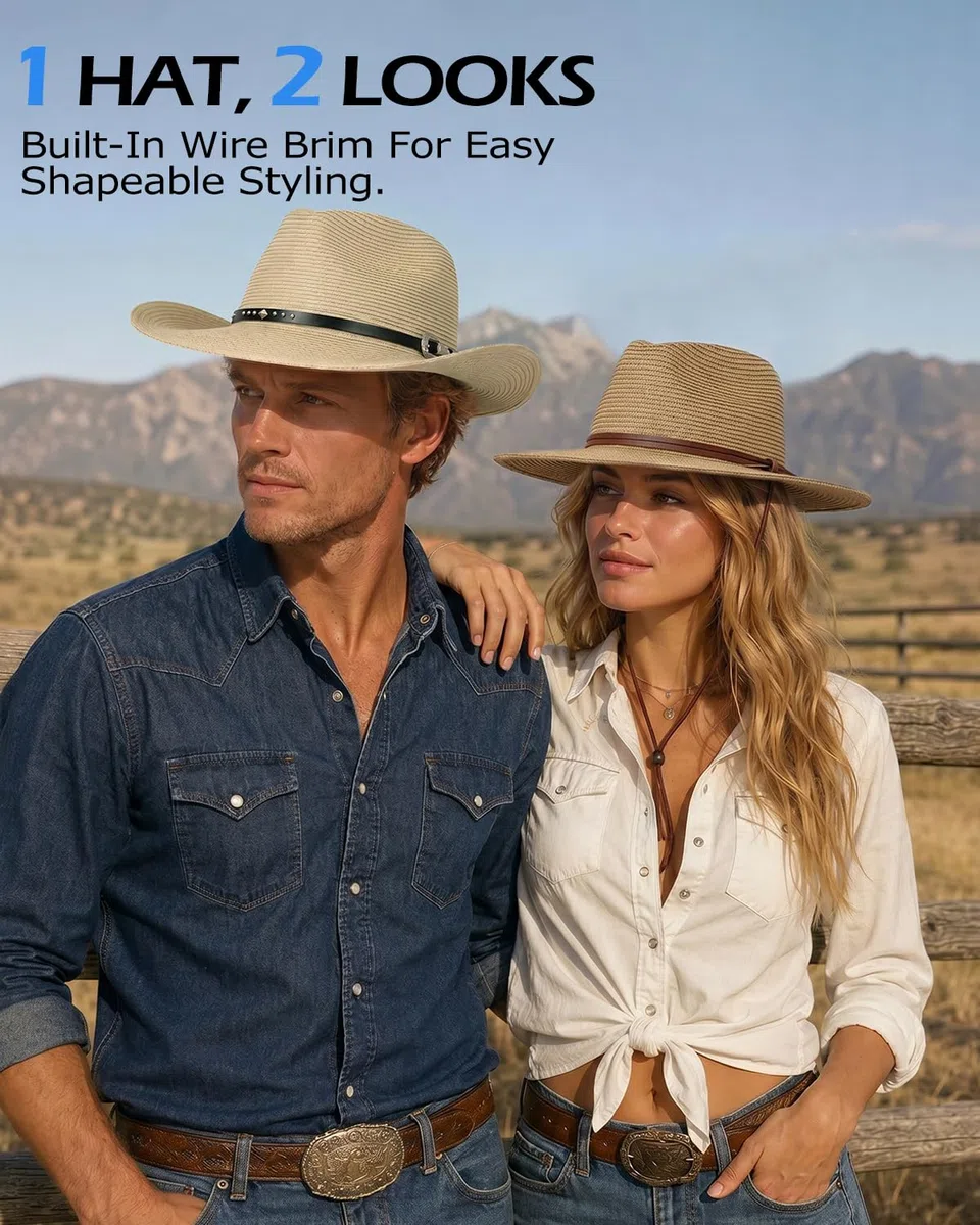 Zylioo Chapeau de cowboy en paille avec mentonnière fixe - Chapeau de soleil western UPF50+ - Chapeau de cowgirl d'été pour la plage et la randonnée