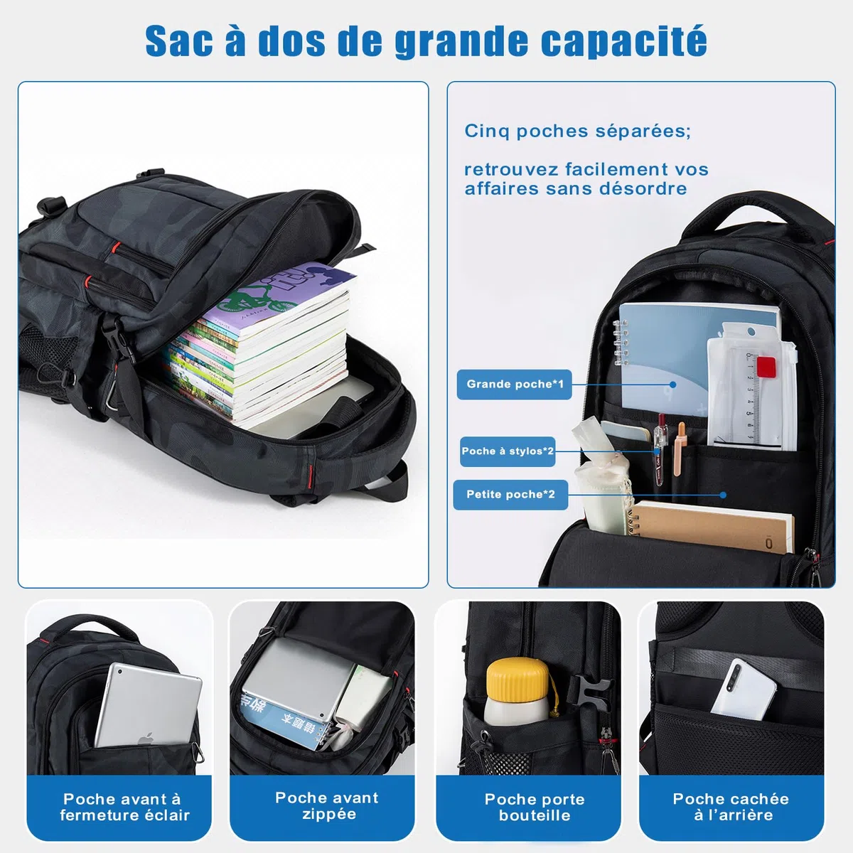 Cartable Garcon Primaire College 50cm Grande Sac à Dos Loisir Homme, Sacs Scolaire pour Ordinateur PC Portable 17 Pouces, Sacs pour Voyage Travail Affaire 12 13 14 15 16 17 18 19 20 10-23 Ans Ado Noir