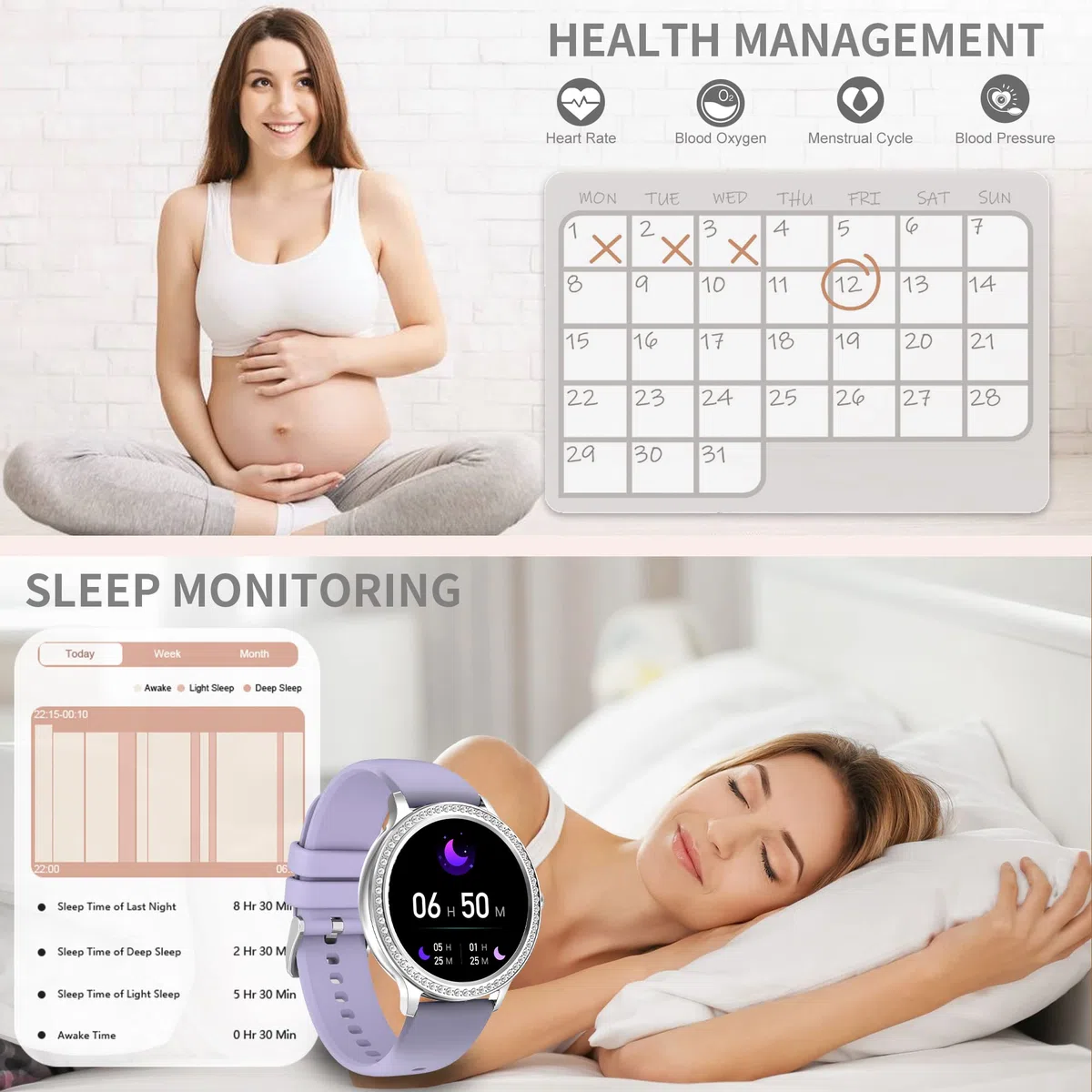 Montre Intelligente pour Femme, élégante avec Appel et Assistant Vocal, Tracker de Fitness étanche avec 20 Modes Sportifs pour Android et iOS